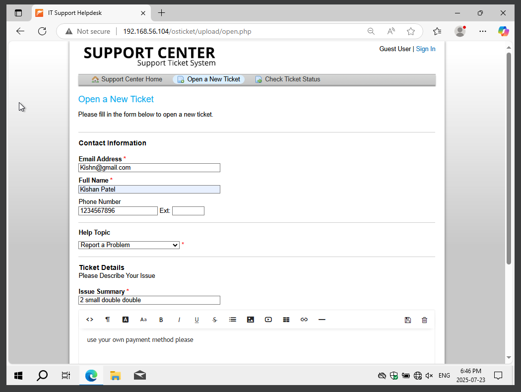 User Ticket Form